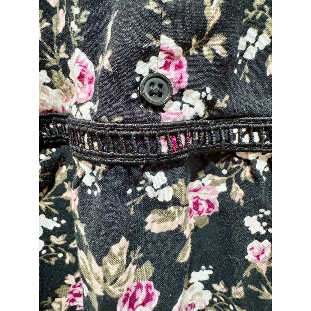 Love Fire Black Floral Lace Trim Tie Neck Blouse XL Pink Rose Long Sleeve Top - Picture 3 of 7